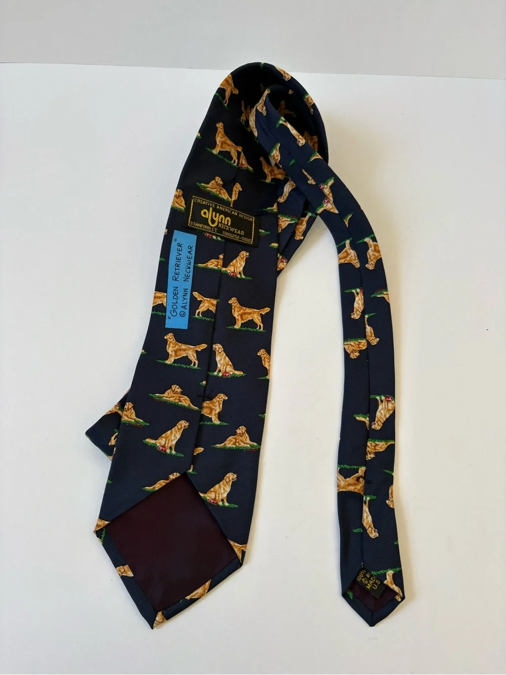 Alynn Neckwear Silk Tie Navy Blue Golden Retriever Novelty Print HandMade Dog